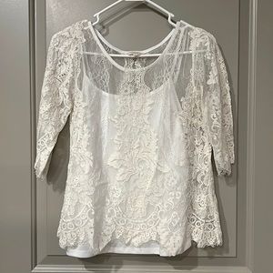 White Tank with Off-White, Chic Lace, 3/4-Length Sleeve Overlay